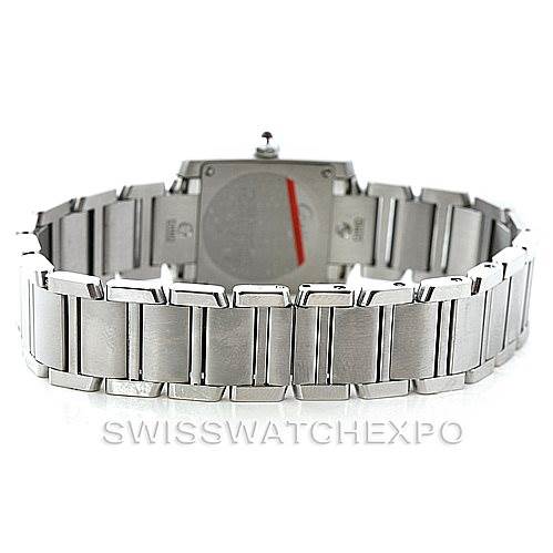 This image shows the rear view of a Cartier Tank Francaise W51028Q3 Women's Stainless Steel Mother of Pearl Dial W51028Q3 Women's Stainless Steel Mother of Pearl Dial watch, highlighting its metal bracelet and clasp.