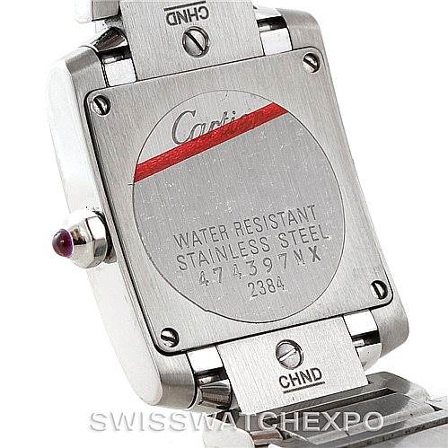 This image shows the back of a Cartier Tank Francaise W51028Q3 Women's Stainless Steel Mother of Pearl Dial W51028Q3 Women's Stainless Steel Mother of Pearl Dial watch, highlighting the stainless steel case and water resistance details.