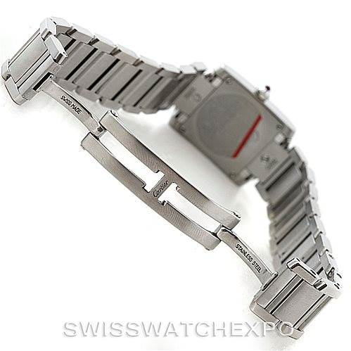 The image shows the back view of a Cartier Tank Francaise W51028Q3 Women's Stainless Steel Mother of Pearl Dial W51028Q3 Women's Stainless Steel Mother of Pearl Dial watch, focusing on its metal bracelet and clasp.