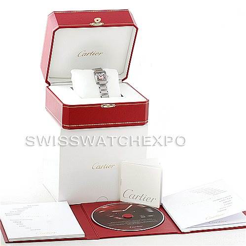 The image shows a Cartier Tank Francaise W51028Q3 Women's Stainless Steel Mother of Pearl Dial W51028Q3 Women's Stainless Steel Mother of Pearl Dial watch at a front angle with its box, booklet, and accessories.