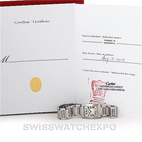 The image shows a Cartier Tank Francaise W51028Q3 Women's Stainless Steel Mother of Pearl Dial W51028Q3 Women's Stainless Steel Mother of Pearl Dial watch laid flat with its certificate of authenticity and purchase info in the background.
