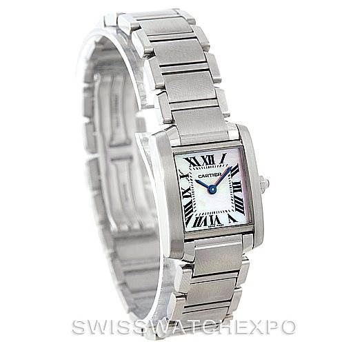 The image shows a Cartier Tank Francaise W51028Q3 Women's Stainless Steel Mother of Pearl Dial W51028Q3 Women's Stainless Steel Mother of Pearl Dial watch at an angle highlighting its face and stainless steel bracelet.