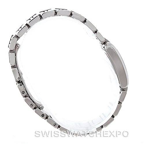 This image shows the side view of the Cartier Tank Francaise W51028Q3 Women's Stainless Steel Mother of Pearl Dial W51028Q3 Women's Stainless Steel Mother of Pearl Dial watch, highlighting its stainless steel bracelet and clasp.