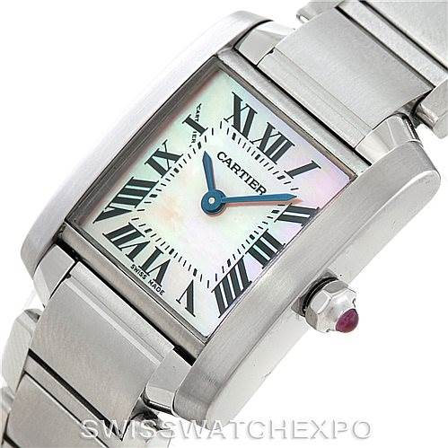 The image shows a close-up angled view of the Cartier Tank Francaise W51028Q3 Women's Stainless Steel Mother of Pearl Dial W51028Q3 Women's Stainless Steel Mother of Pearl Dial watch, highlighting its face, crown, and part of the stainless steel bracelet.
