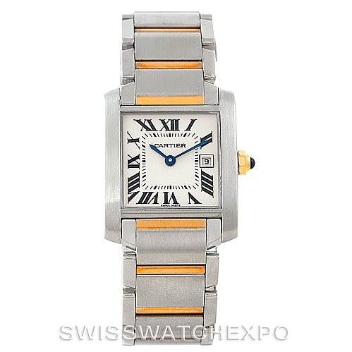 The image shows a front view of the Cartier Tank Francaise W51012Q4 Women's Steel and Gold (two tone) Silver Dial W51012Q4 Women's Steel and Gold (two tone) Silver Dial watch, highlighting its face, bracelet, and crown.
