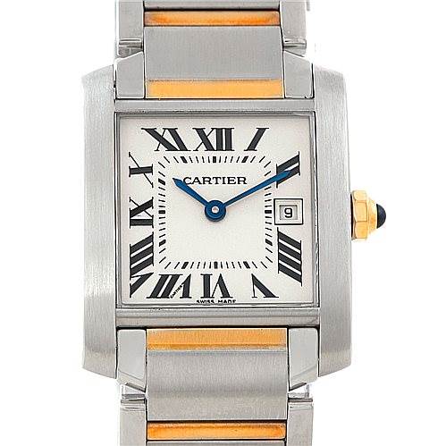 The image shows a front view of a Cartier Tank Francaise W51012Q4 Women's Steel and Gold (two tone) Silver Dial W51012Q4 Women's Steel and Gold (two tone) Silver Dial watch, highlighting its rectangular dial, stainless steel and gold bracelet, and blue hands.