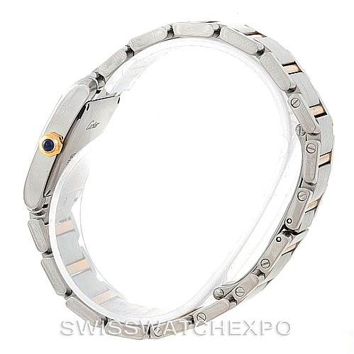 Shown is the side angle of a Cartier Tank Française watch, prominently displaying its bracelet and side profile.
