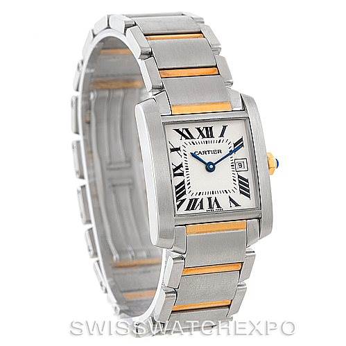 The image shows a Cartier Tank Francaise W51012Q4 Women's Steel and Gold (two tone) Silver Dial W51012Q4 Women's Steel and Gold (two tone) Silver Dial watch angled to display its face and stainless steel strap with gold accents.