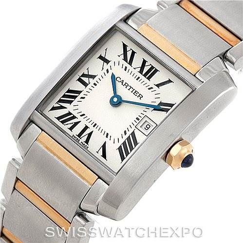 The image shows a close-up, angled view of the dial and part of the bracelet of a Cartier Tank Francaise W51012Q4 Women's Steel and Gold (two tone) Silver Dial W51012Q4 Women's Steel and Gold (two tone) Silver Dial watch.