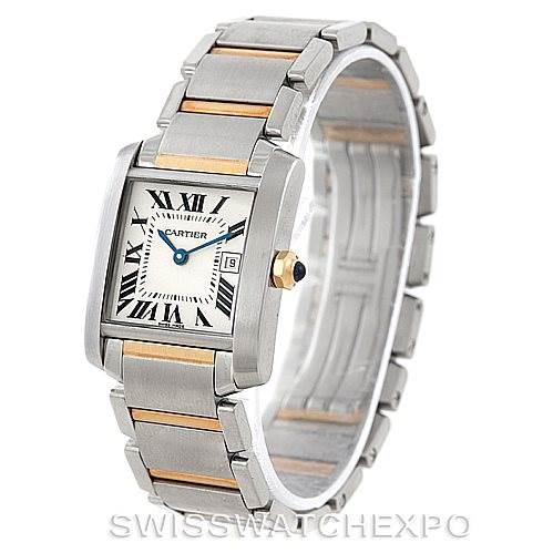 The image shows a Cartier Tank Française watch emphasizing the rectangular face, Roman numerals, and metal bracelet with gold accents.