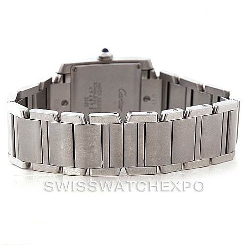 This image shows the rear angle of the Cartier Tank Francaise W51011Q3 Women's Stainless Steel Silver Dial W51011Q3 Women's Stainless Steel Silver Dial watch, focusing on the stainless steel bracelet and the case back.