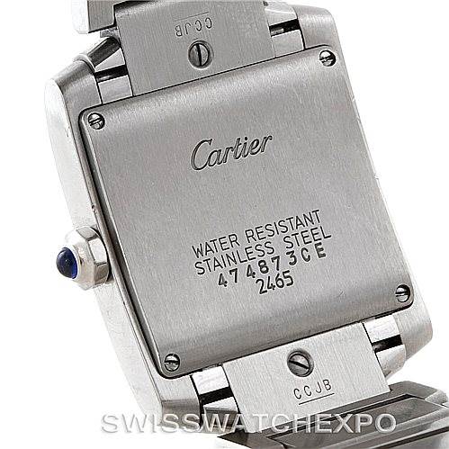 This image shows the back case and part of the bracelet of a Cartier Tank Française watch in stainless steel.