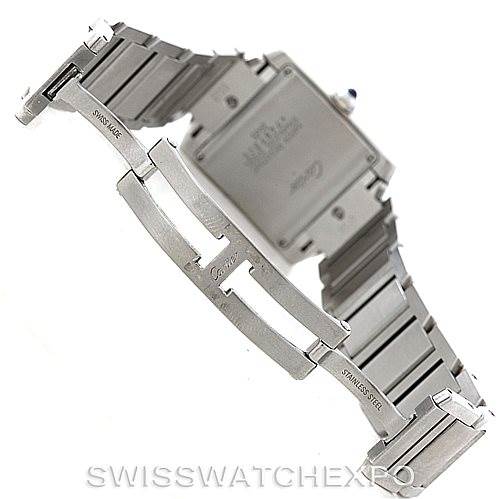 The image shows the back angle of a Cartier Tank Francaise W51011Q3 Women's Stainless Steel Silver Dial W51011Q3 Women's Stainless Steel Silver Dial watch, focusing on the bracelet and clasp mechanisms.