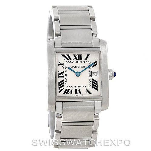 The image shows a front view of a Cartier Tank Francaise W51011Q3 Women's Stainless Steel Silver Dial W51011Q3 Women's Stainless Steel Silver Dial watch, displaying the rectangular face, Roman numerals, and bracelet.