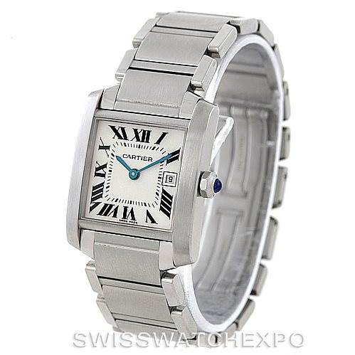 The Cartier Tank Francaise W51011Q3 Women's Stainless Steel Silver Dial W51011Q3 Women's Stainless Steel Silver Dial watch is shown at a slight angle highlighting the face, Roman numerals, and metal bracelet.