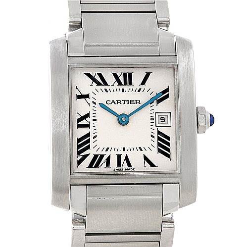 The image shows a front view of the Cartier Tank Française watch, highlighting its dial, hands, and part of the bracelet.