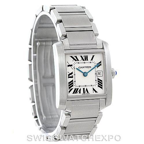 The image shows a Cartier Tank Francaise W51011Q3 Women's Stainless Steel Silver Dial W51011Q3 Women's Stainless Steel Silver Dial watch with a rectangular face, Roman numerals, and a metal bracelet from a front and side angle.