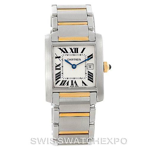 The image shows a Cartier Tank Française watch from the front, highlighting its rectangular dial, blue hands, Roman numerals, and two-tone metal bracelet.