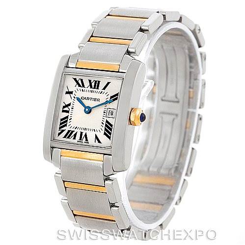 The Cartier Tank Francaise W51012Q4 Women's Steel and Gold (two tone) Silver Dial W51012Q4 Women's Steel and Gold (two tone) Silver Dial watch is shown at a three-quarter angle, displaying its face, bracelet, and crown.