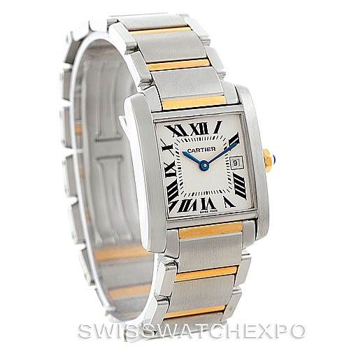 The image shows a Cartier Tank Française watch at a three-quarter angle, displaying the face, bracelet, and side crown.