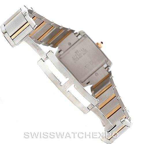 The image shows the backside and bracelet of a Cartier Tank Francaise W51012Q4 Women's Steel and Gold (two tone) Silver Dial W51012Q4 Women's Steel and Gold (two tone) Silver Dial watch, displaying the clasp and case back.