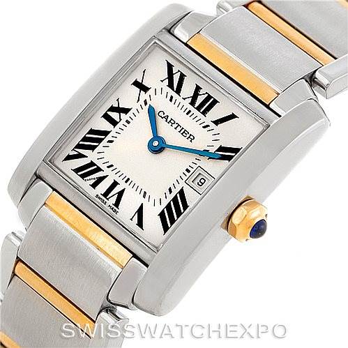The image shows a close-up angled view of a Cartier Tank Francaise W51012Q4 Women's Steel and Gold (two tone) Silver Dial W51012Q4 Women's Steel and Gold (two tone) Silver Dial watch, highlighting its dial, bezel, and part of the bracelet.