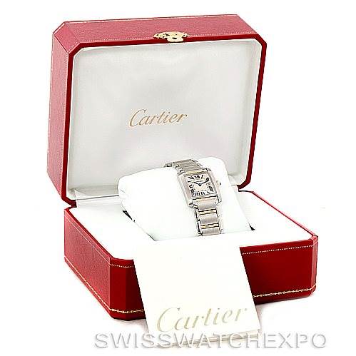The image shows a Cartier Tank Francaise W51012Q4 Women's Steel and Gold (two tone) Silver Dial W51012Q4 Women's Steel and Gold (two tone) Silver Dial watch displayed in its open red and white Cartier box.