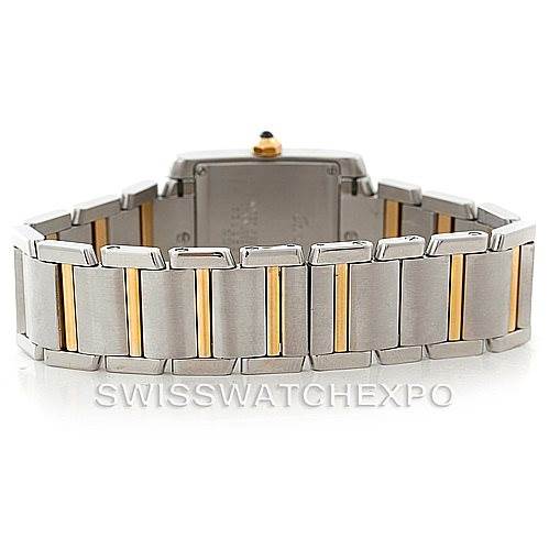 This image shows a rear view of the Cartier Tank Française watch, focusing on its two-tone metal bracelet.