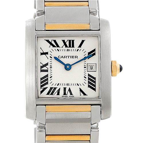 This Cartier Tank Francaise W51012Q4 Women's Steel and Gold (two tone) Silver Dial W51012Q4 Women's Steel and Gold (two tone) Silver Dial watch is shown from the front, highlighting its square dial, Roman numerals, and metal bracelet.