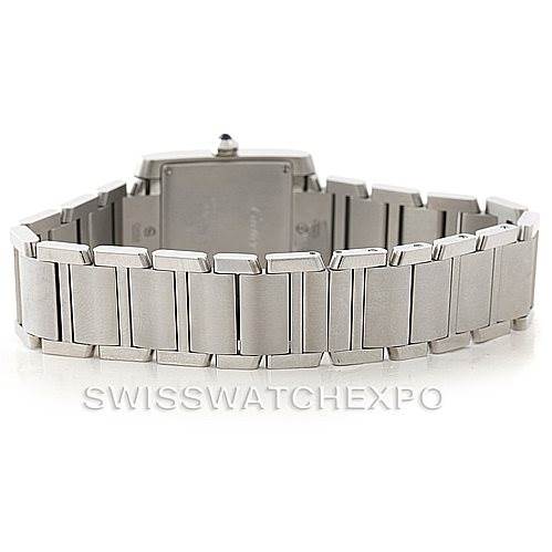 The image shows the backside and bracelet of a Cartier Tank Française watch.