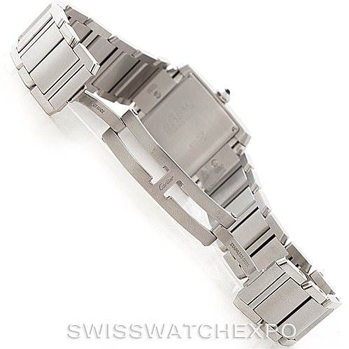 This image shows the back and clasp mechanism of a Cartier Tank Française watch, highlighting its metal bracelet.