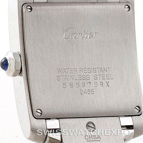 This image shows the case back and part of the crown of a Cartier Tank Francaise W51011Q3 Women's Stainless Steel Silver Dial W51011Q3 Women's Stainless Steel Silver Dial watch at a slight angle.