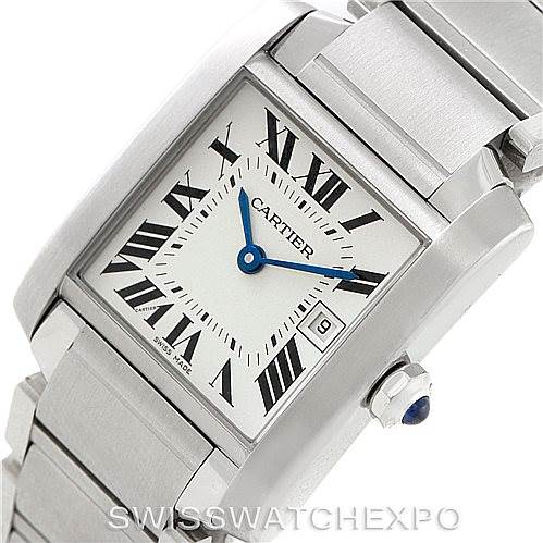 The Cartier Tank Francaise W51011Q3 Women's Stainless Steel Silver Dial W51011Q3 Women's Stainless Steel Silver Dial watch is shown at a slight angle, highlighting its face, bracelet, and crown.