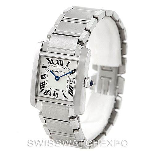 The image shows a Cartier Tank Française watch from an oblique angle, showcasing its bracelet, square face, and crown.