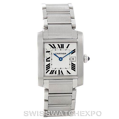 This image shows a front view of the Cartier Tank Francaise W51011Q3 Women's Stainless Steel Silver Dial W51011Q3 Women's Stainless Steel Silver Dial watch, focusing on the case, dial, and stainless steel bracelet.