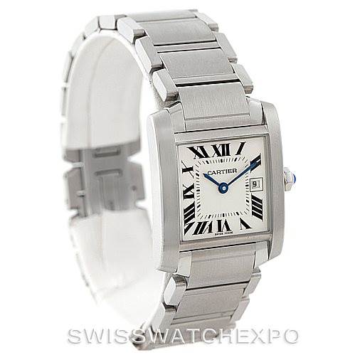 This image shows a Cartier Tank Francaise W51011Q3 Women's Stainless Steel Silver Dial W51011Q3 Women's Stainless Steel Silver Dial watch angled to display its face, bracelet, and side, highlighting its iconic rectangular design.