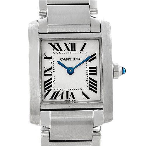 This image features a front view of the Cartier Tank Française watch, displaying the face, bezel, and part of the bracelet.
