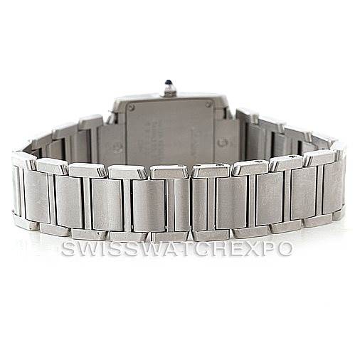 This image shows the stainless steel bracelet and back casing of a Cartier Tank Francaise W51008Q3 Women's Stainless Steel Silver Dial W51008Q3 Women's Stainless Steel Silver Dial watch from the rear angle.