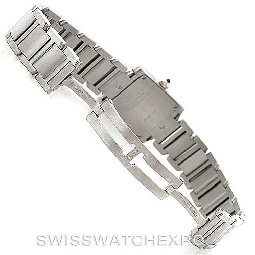 The image shows the underside of a Cartier Tank Francaise W51008Q3 Women's Stainless Steel Silver Dial W51008Q3 Women's Stainless Steel Silver Dial watch, highlighting its bracelet and clasp mechanism.