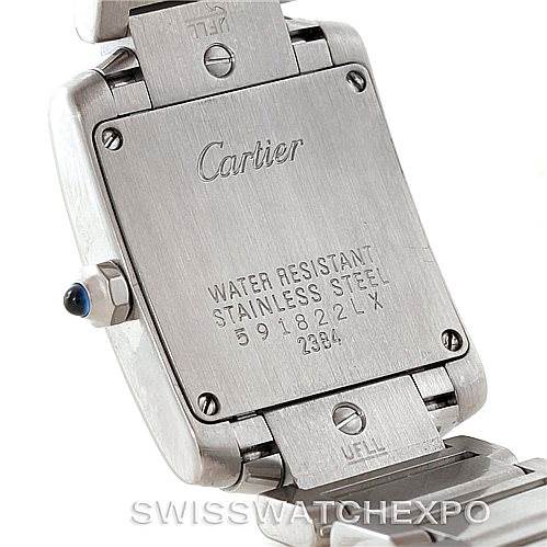 This image shows the back of the Cartier Tank Francaise W51008Q3 Women's Stainless Steel Silver Dial W51008Q3 Women's Stainless Steel Silver Dial watch, highlighting the stainless steel case, engraved details, and part of the bracelet.