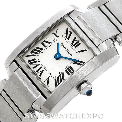 This image shows a close-up, angled view of the Cartier Tank Française watch, highlighting the dial, hands, case, and part of the bracelet.