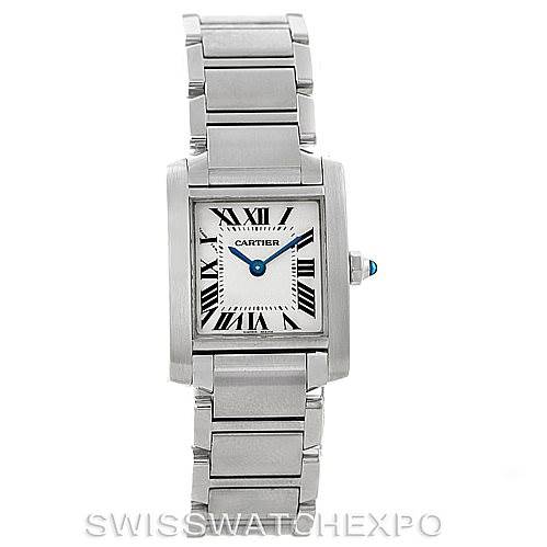 The image shows a front view of the Tank Francaise watch by Cartier, displaying its bracelet and rectangular face with Roman numerals.