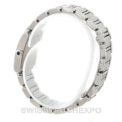 The image shows a side profile view of the Cartier Tank Francaise W51008Q3 Women's Stainless Steel Silver Dial W51008Q3 Women's Stainless Steel Silver Dial watch, focusing on its stainless steel bracelet and crown.