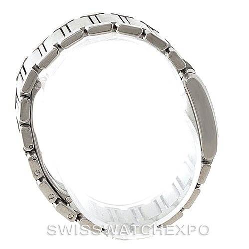 The image shows a side view of the Tank Française model watch by Cartier, highlighting its metal bracelet and clasp.