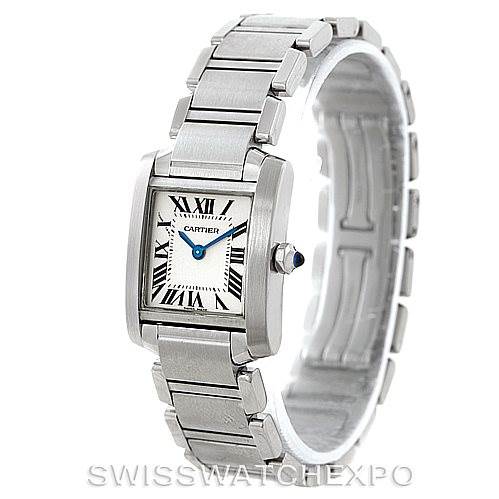 The image shows the Cartier Tank Francaise W51008Q3 Women's Stainless Steel Silver Dial W51008Q3 Women's Stainless Steel Silver Dial watch from a front angle, highlighting the face, bezel, and part of the bracelet.