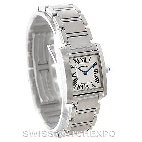 The image shows a Cartier Tank Francaise W51008Q3 Women's Stainless Steel Silver Dial W51008Q3 Women's Stainless Steel Silver Dial watch from an angled front view, highlighting the face, bracelet, and clasp.