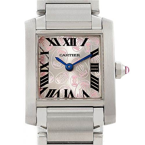 The image shows a Cartier Tank Francaise W51031Q3 Women's Stainless Steel Silver Dial W51031Q3 Women's Stainless Steel Silver Dial watch from a front angle, highlighting its Roman numeral dial and stainless steel bracelet.