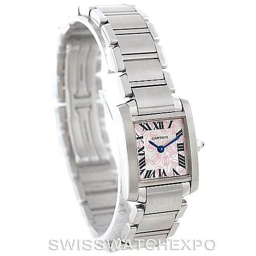 The image shows a Cartier Tank Française watch at a slight angle, highlighting its bracelet, rectangular case, and pink patterned dial.
