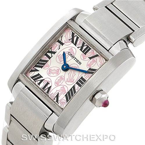 The image shows a Cartier Tank Française watch at an angled top-down view, highlighting the face, bracelet, and crown.