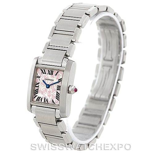 The image shows the Cartier Tank Francaise W51031Q3 Women's Stainless Steel Silver Dial W51031Q3 Women's Stainless Steel Silver Dial watch from a three-quarter angle, highlighting its face, bracelet, and crown.